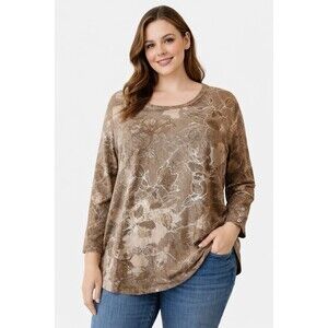 Susan Graver Weekend 3X Brown Floral Print Long Sleeve Knit Top Button Cuff